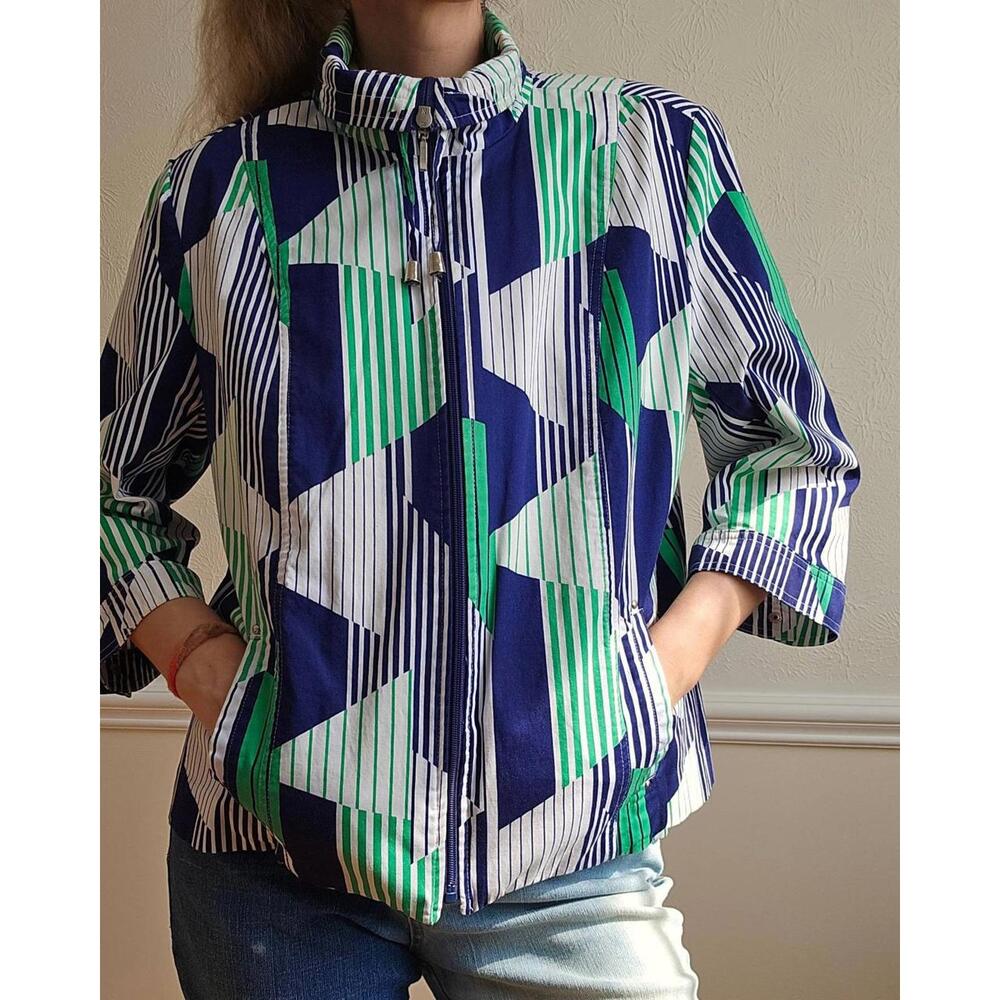 Vintage Abstract Print Cotton Spring Jacket: Green Blue White